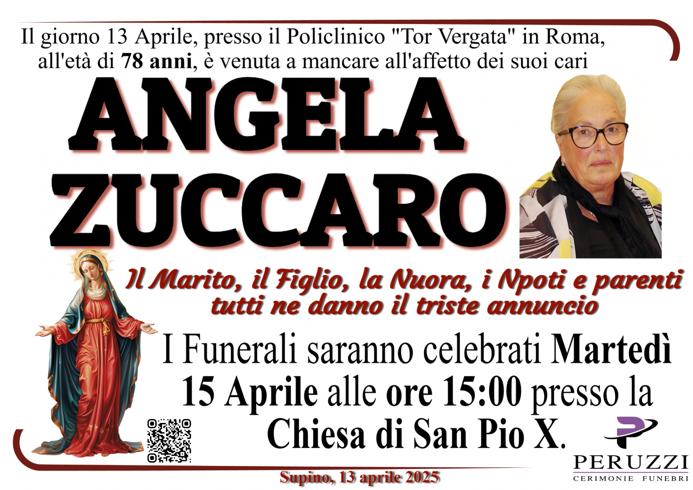 ANGELA ZUCCARO - Necrologio e condoglianze su Peruzzi Cerimonie Funebri ...