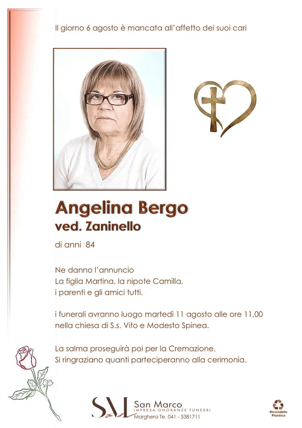 Manifesto funebre di Angelina Bergo