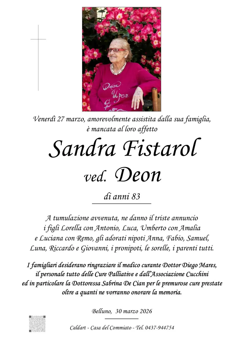 Epigrafe di Sandra Fistarol Ved. Deon
