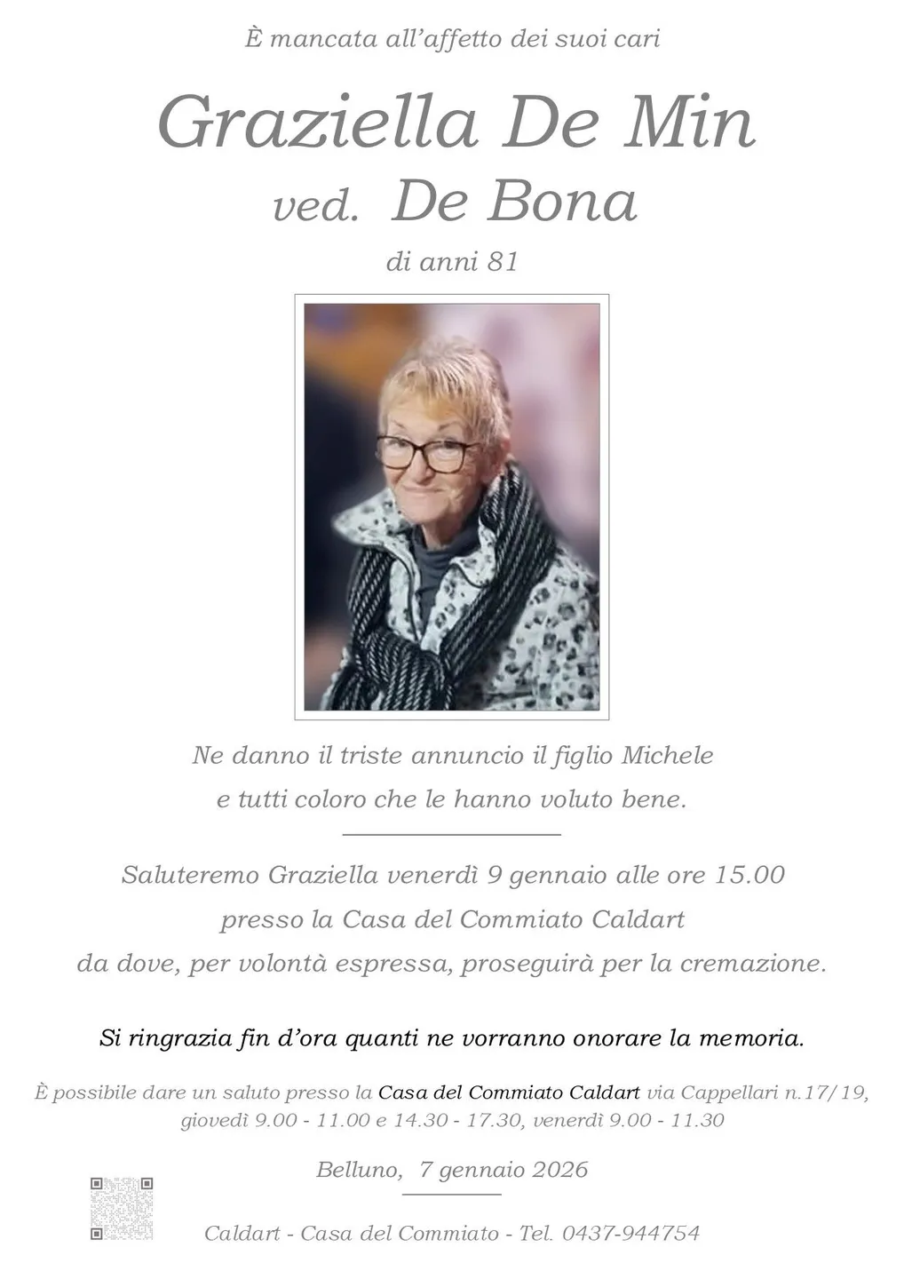 Epigrafe di Graziella De Min Ved. De Bona