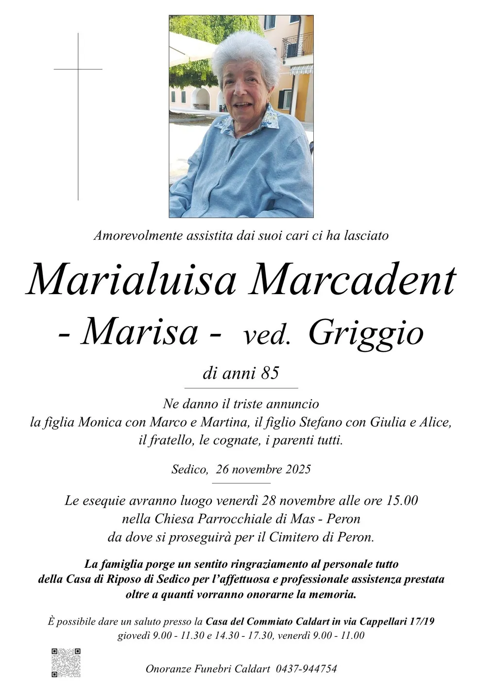 Epigrafe di Marialuisa Marcadent Ved. Griggio