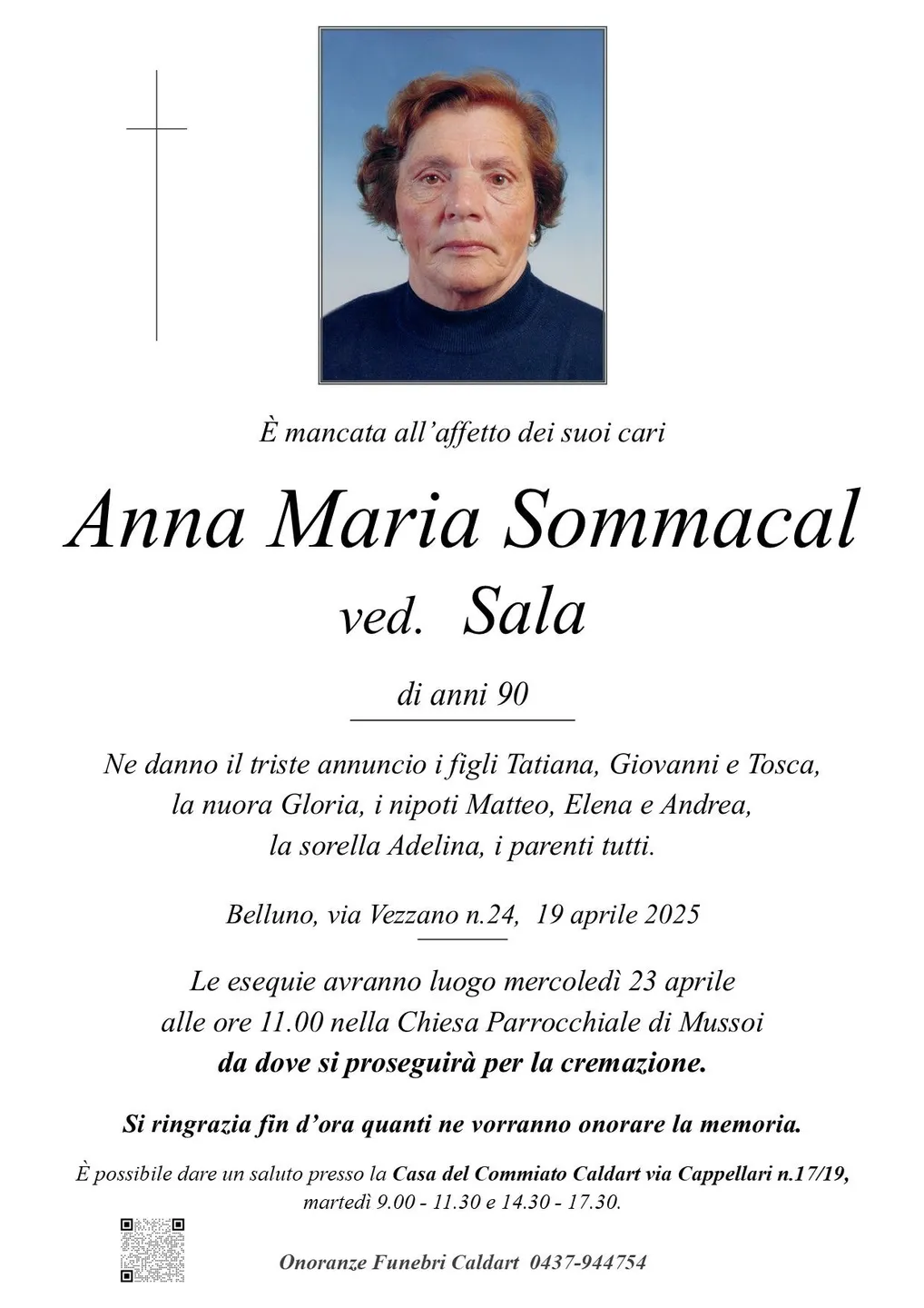 Epigrafe di Anna Maria Sommacal Ved. Sala
