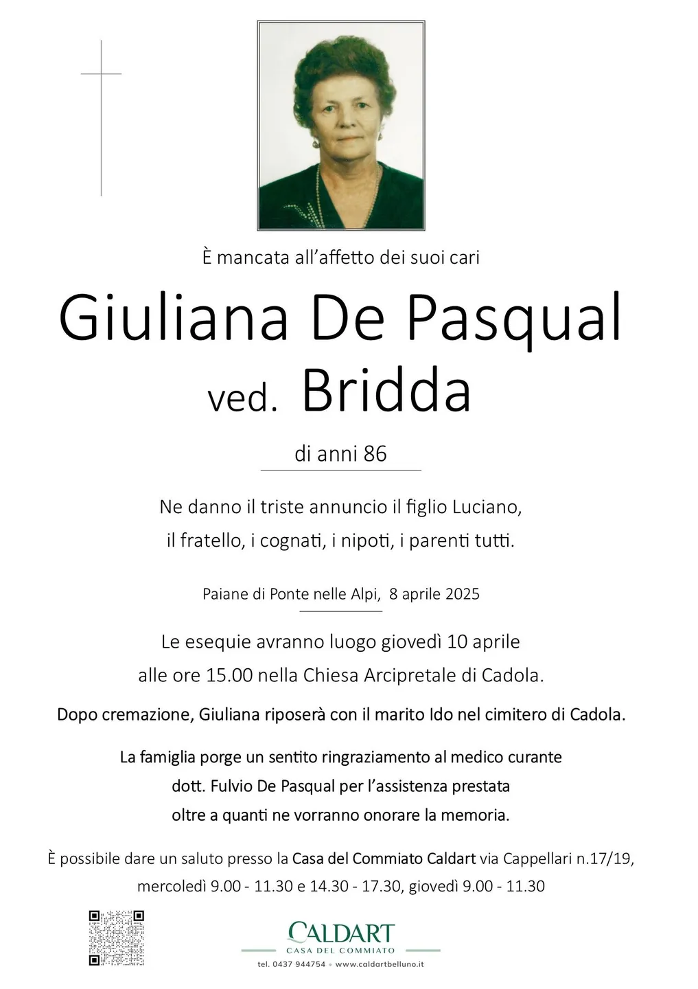 Epigrafe di Giuliana De Pasqual Ved. Brida