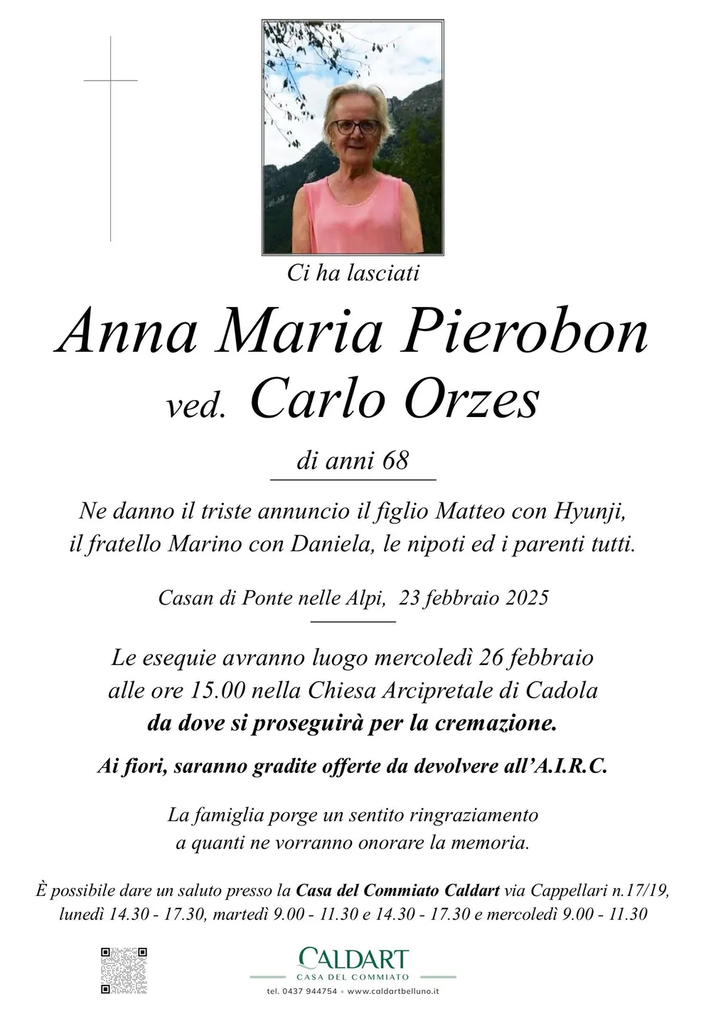 Epigrafe di Anna Maria Pierobon Ved. Carlo Orzes