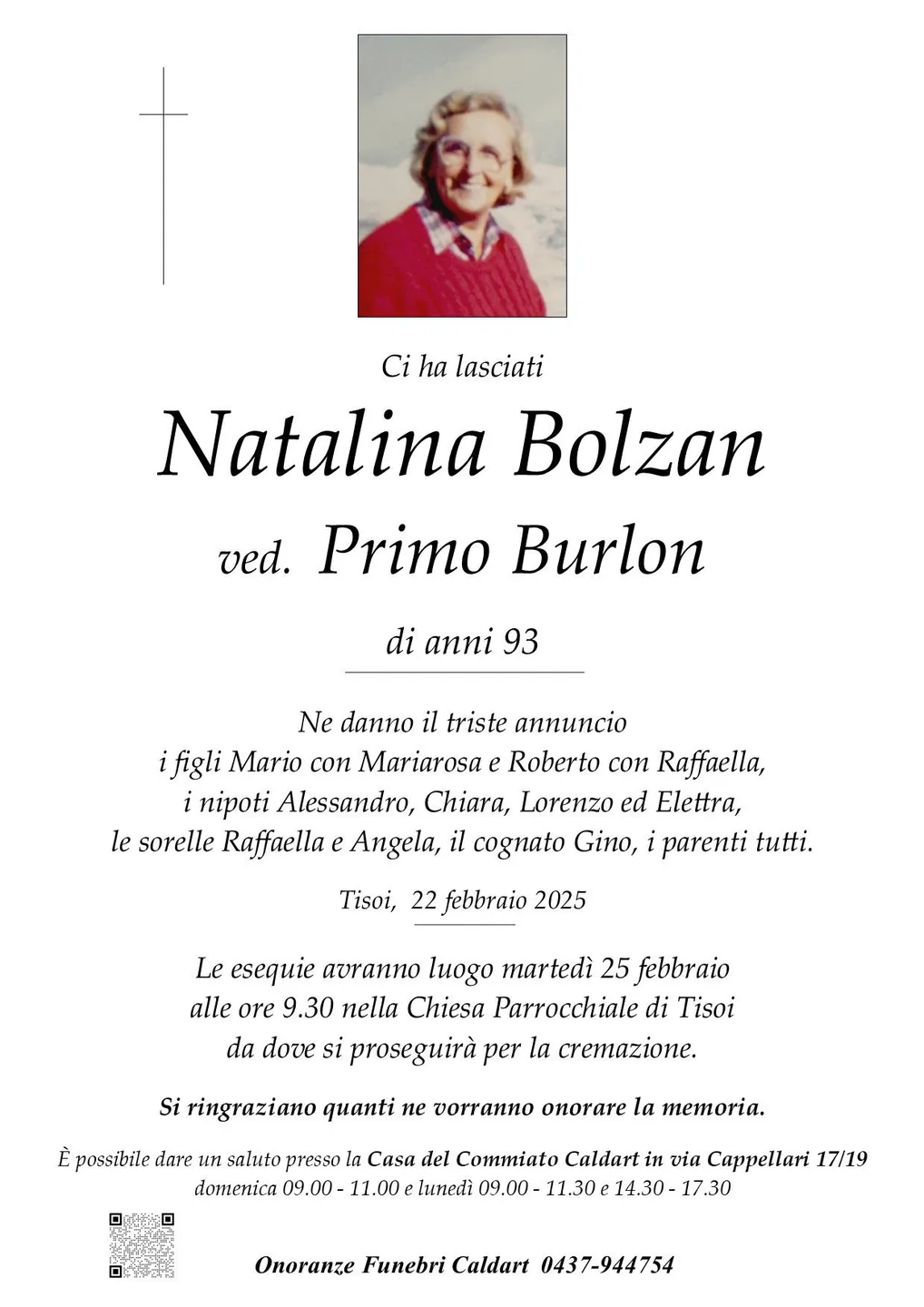 Epigrafe di Natalina Bolzan Ved. Primo Burlon