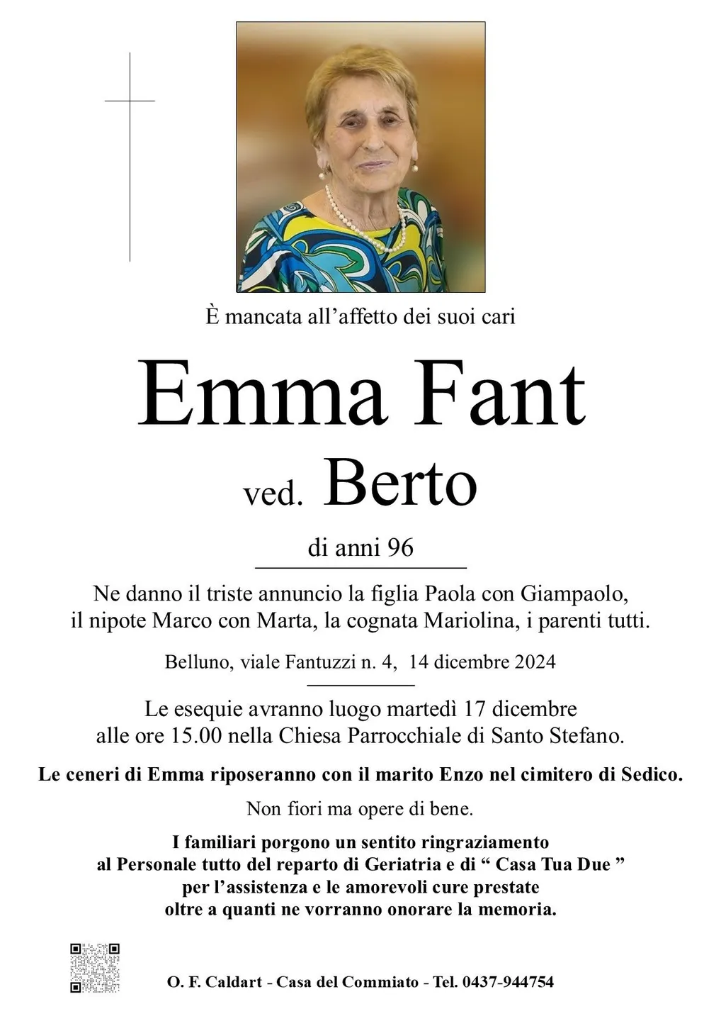 Epigrafe di Emma Fant Ved. Berto