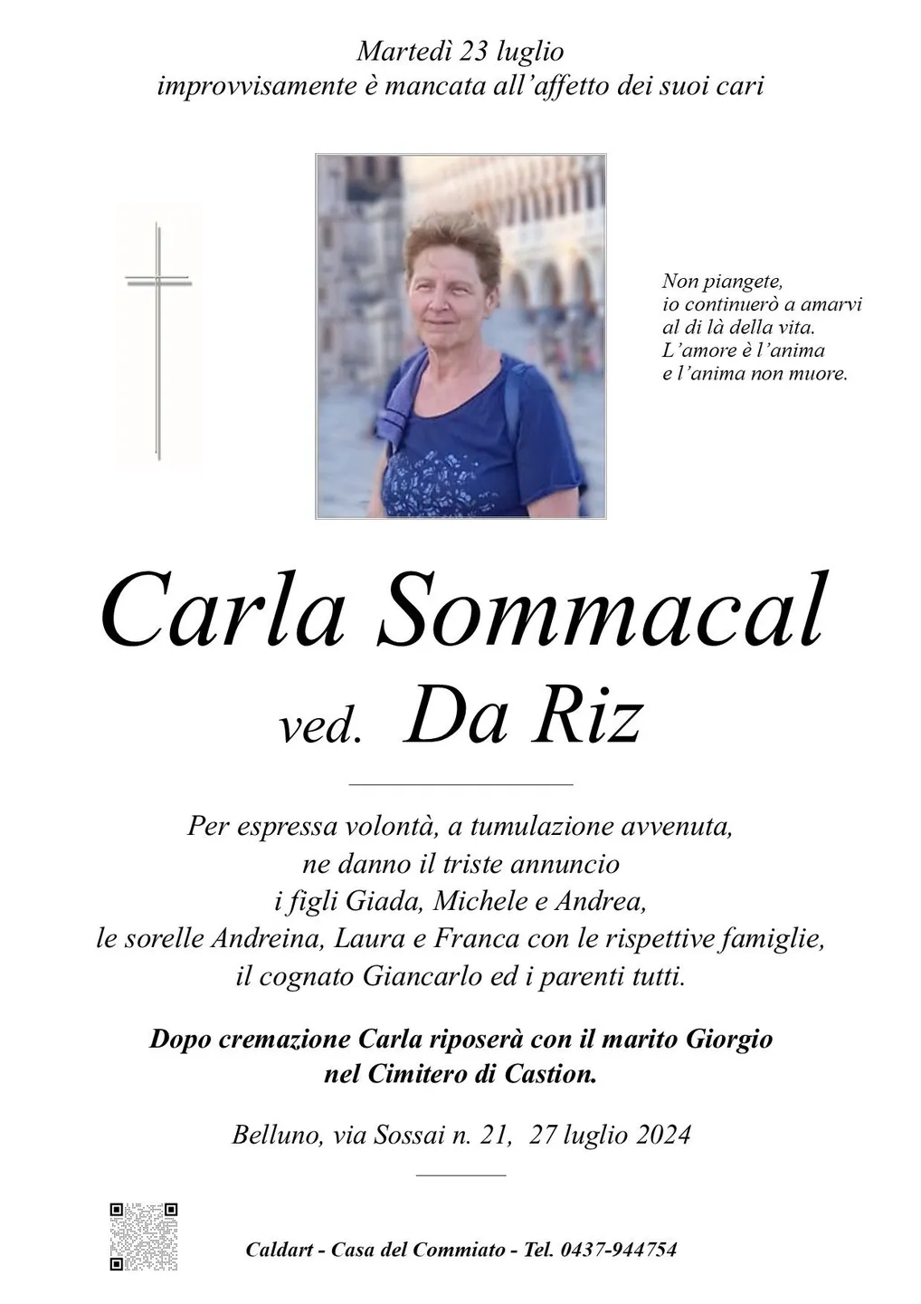 Epigrafe di Carla Sommacal Ved. Da Riz