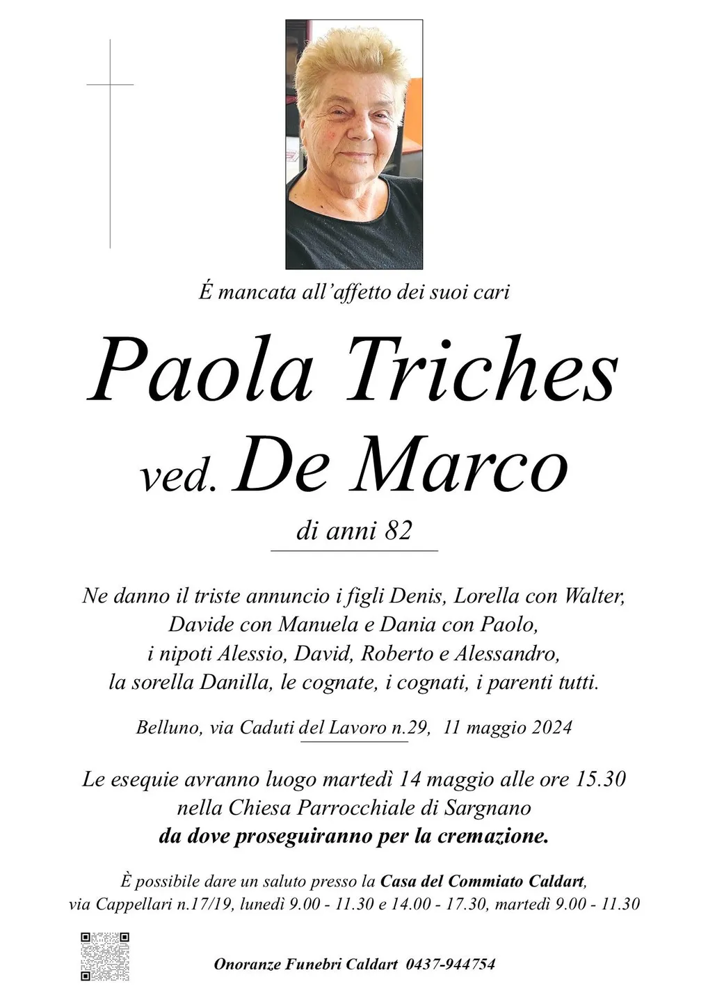 Epigrafe di Paola Triches Ved. De Marco