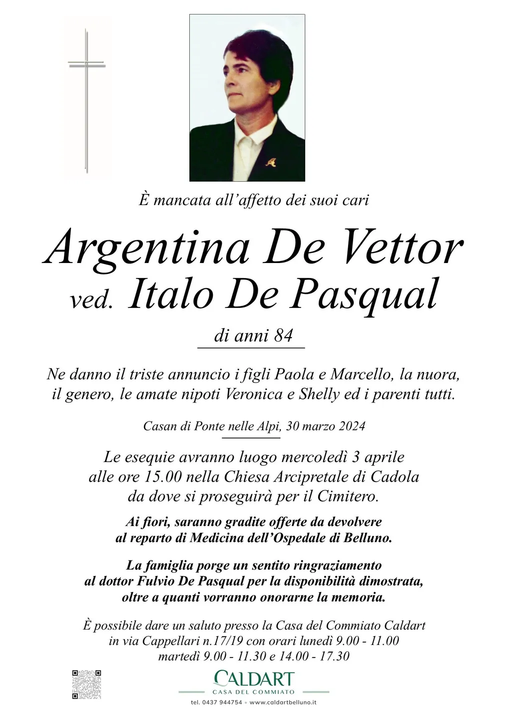 Epigrafe di Argentina De Vettor Ved. Italo De Pasqual