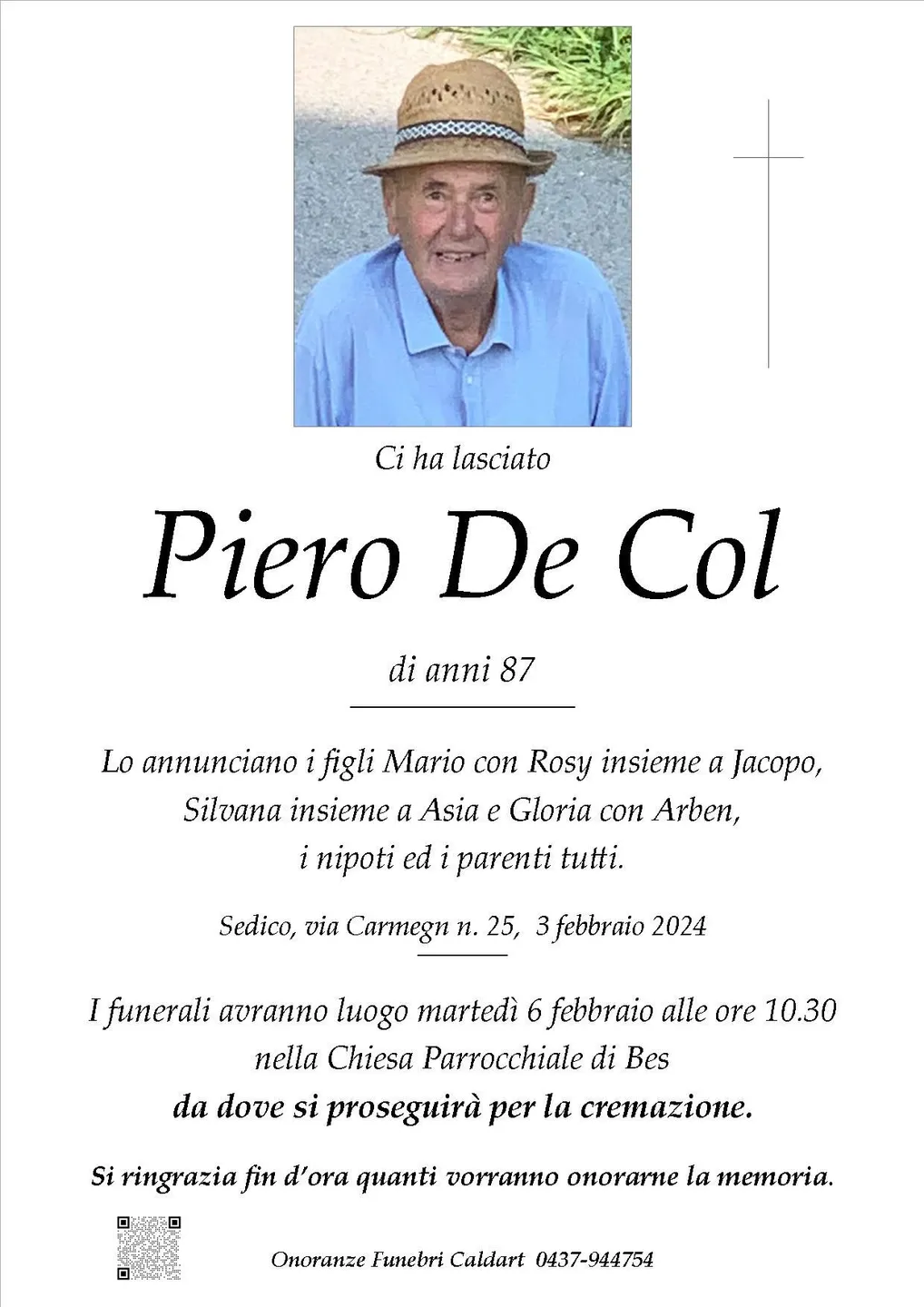 Epigrafe di Piero De Col