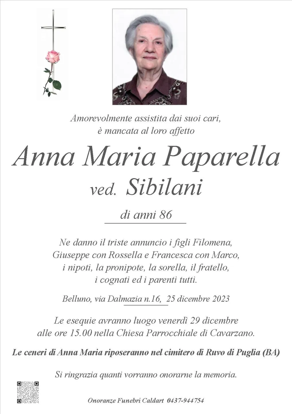 Epigrafe di Anna Maria Paparella Ved. Sibilani