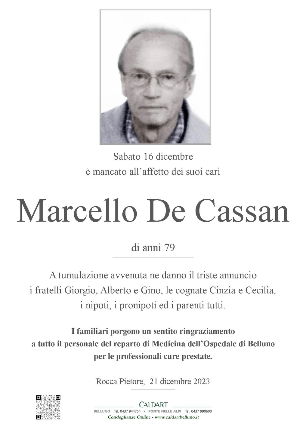 Epigrafe di Marcello De Cassan