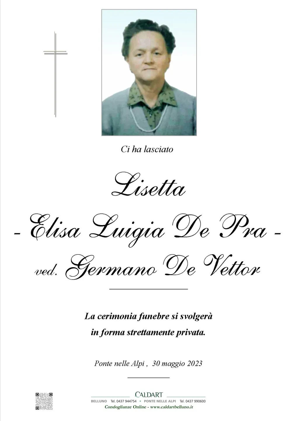 Epigrafe di Lisettta Elisa Luigia De Pra