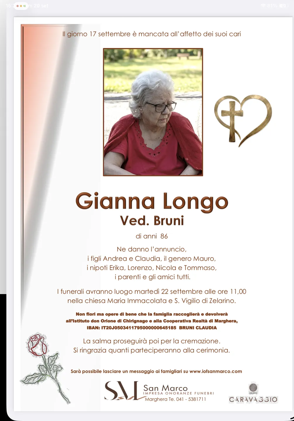 Manifesto funebre di Gianna Longo