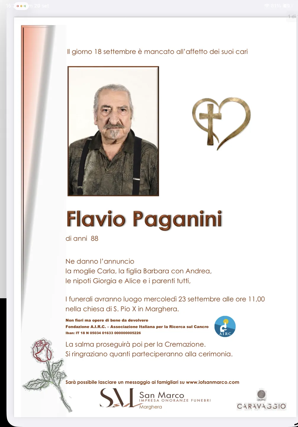 Manifesto funebre di Flavio Paganini