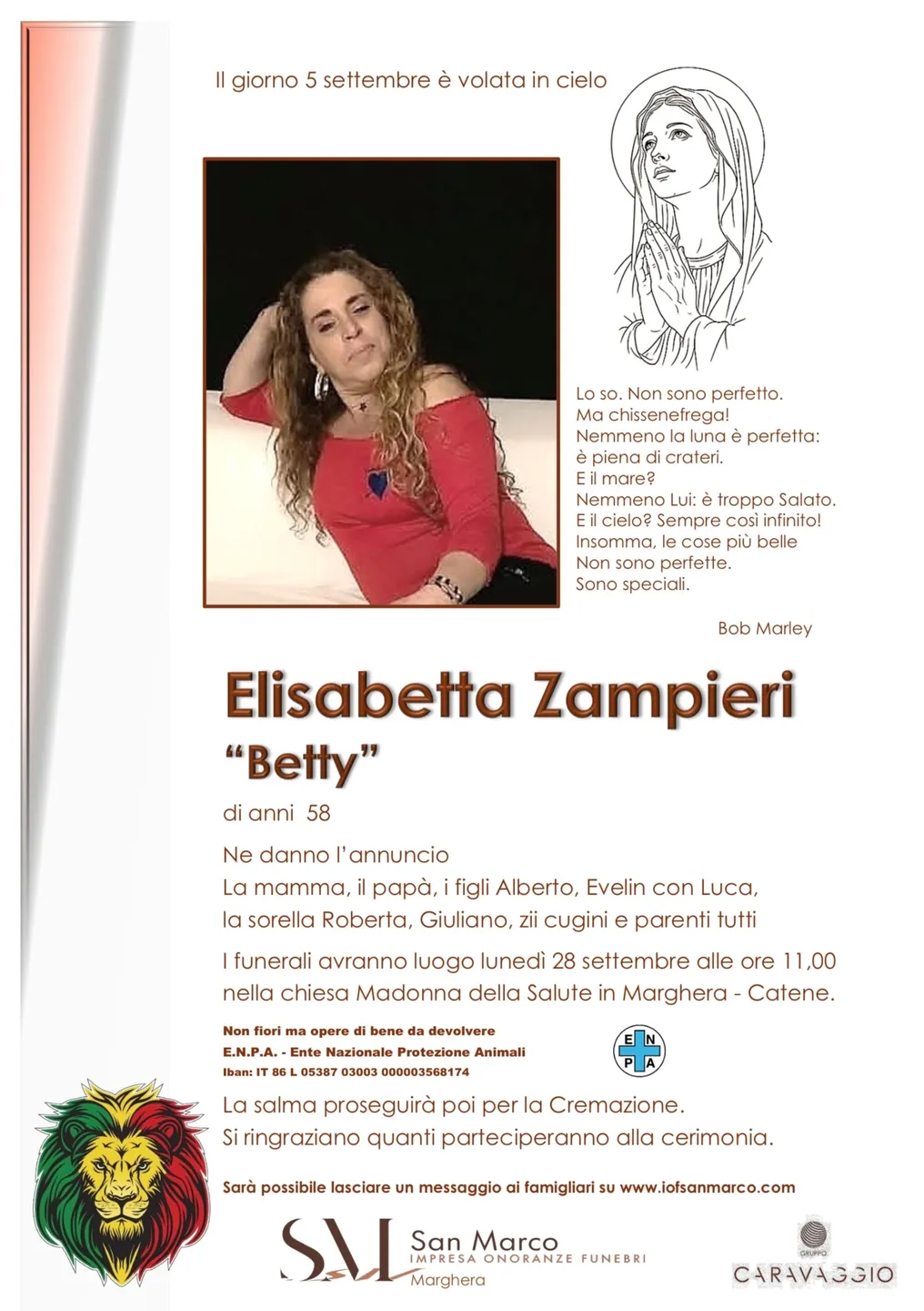Manifesto funebre di Elisabetta Zampieri