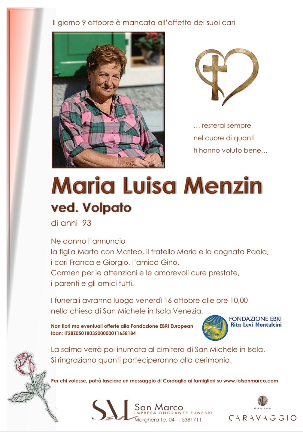 Manifesto funebre di Maria Luisa Menzin