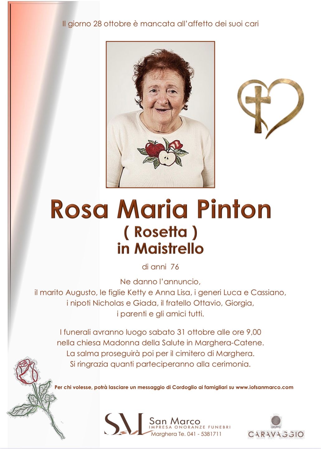 Manifesto funebre di Rosa Maria Pinton