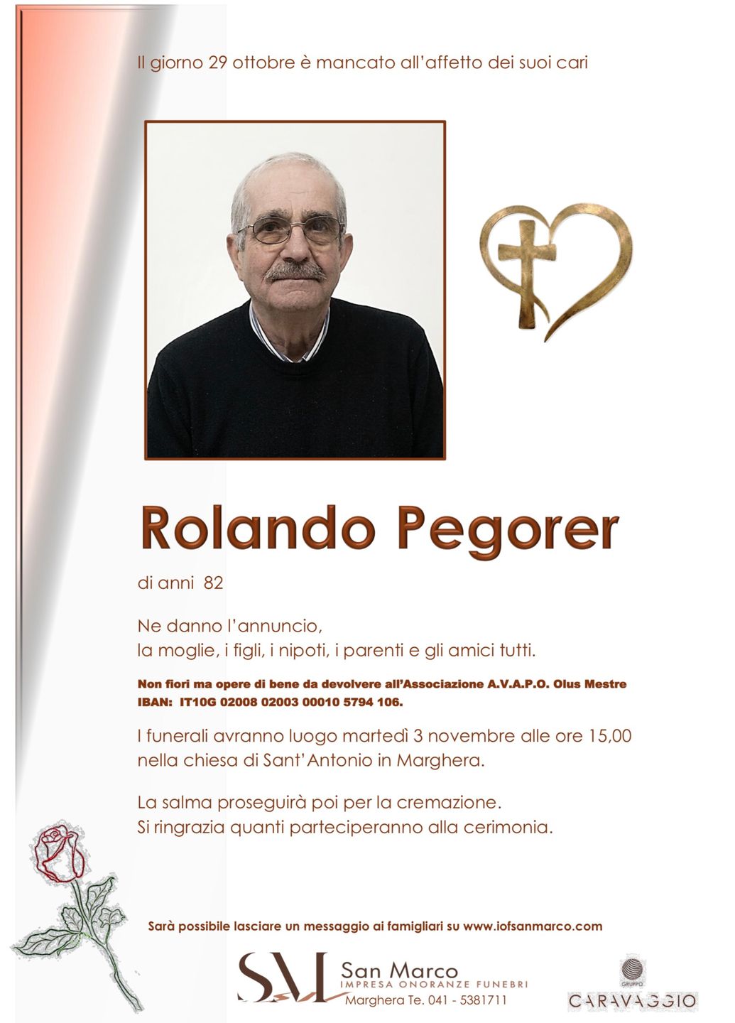 Manifesto funebre di Rolando Pegorer